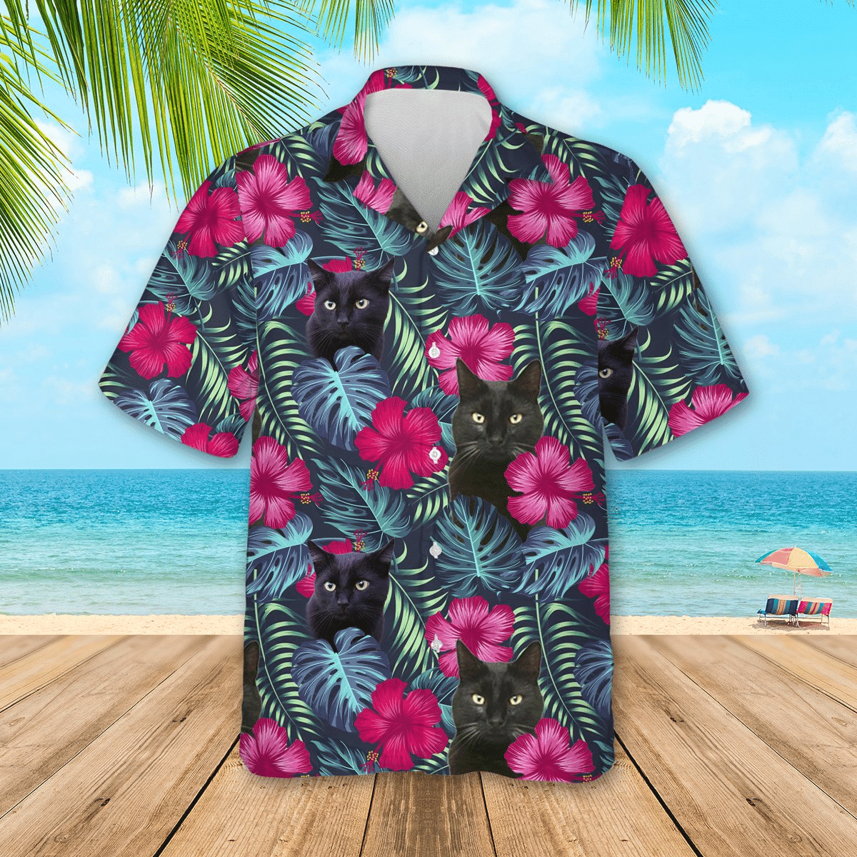 Floral Tropical Black Cat Hawaiian Shirt, Aloha Shirt For Summer