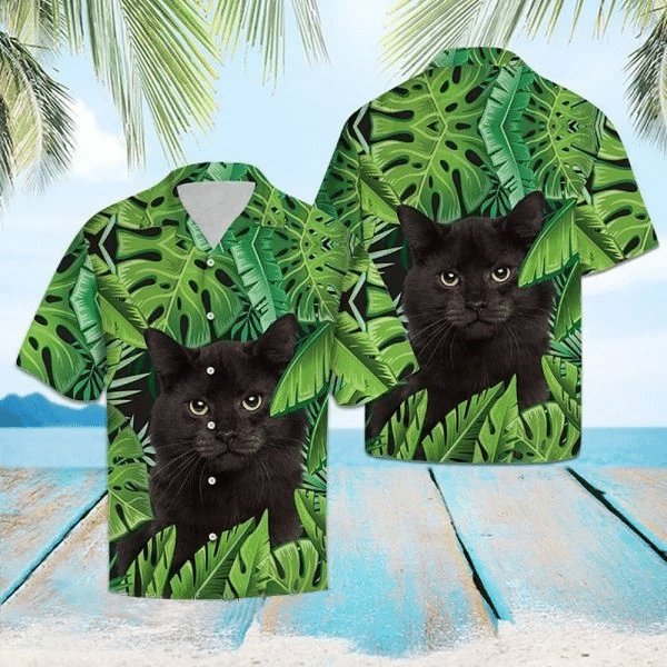 Beach Black Cat Tropical Hawaiian Shirt, Aloha Shirt For Summer