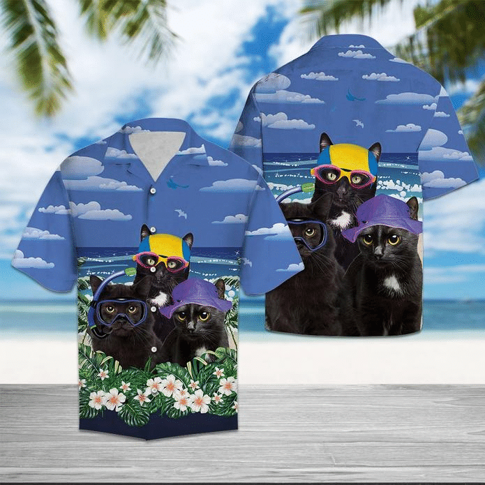 Black Cat Summer Beach Hawaiian Shirt, Aloha Shirt For Summer