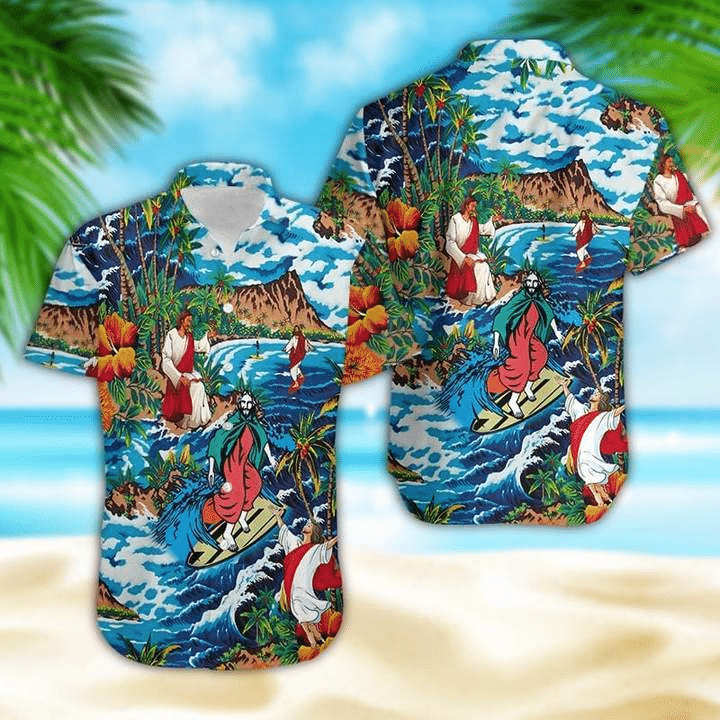 Jesus Surfing On Island Hawaiian Shirt, Aloha Shirt For Summer