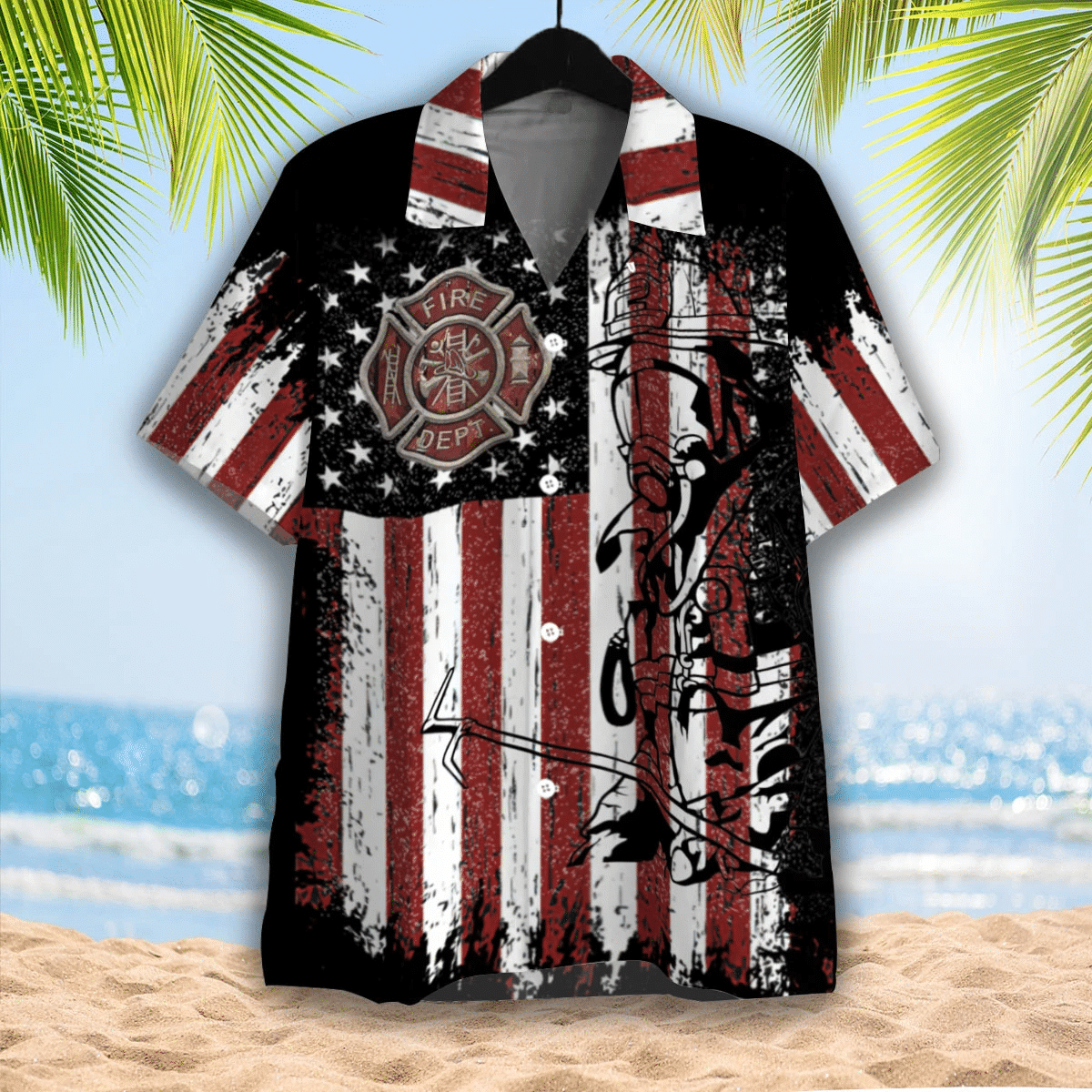 American Flag With Firefighter Unisex Hawaiian Shirt, Aloha Shirt For Summer