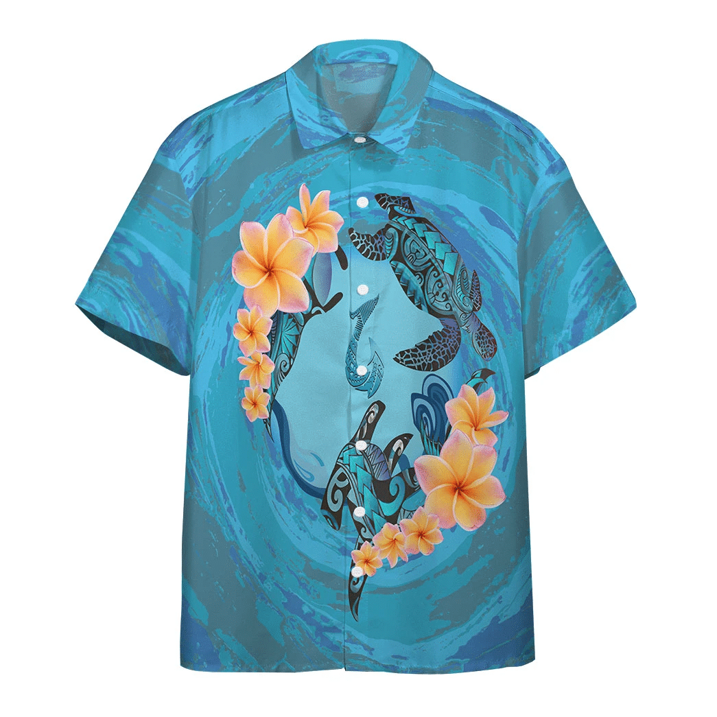 3D Blue Plumeria Maori Turtles Custom Short Sleeve Shirt