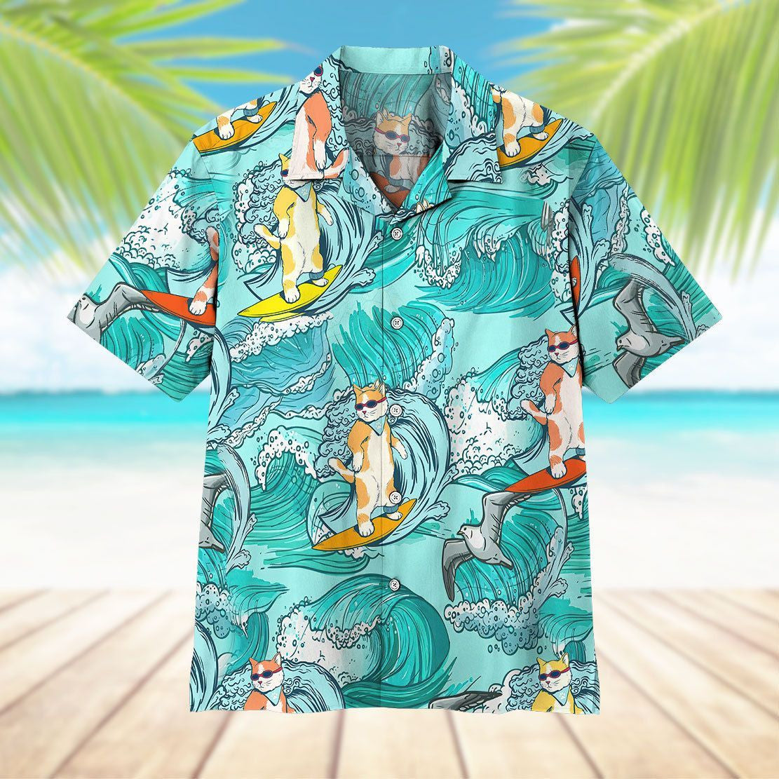 3D Cat Surfing Hawaii Shirt Unisex Short Sleeve Hawaiian Shirt Aloha For Summer