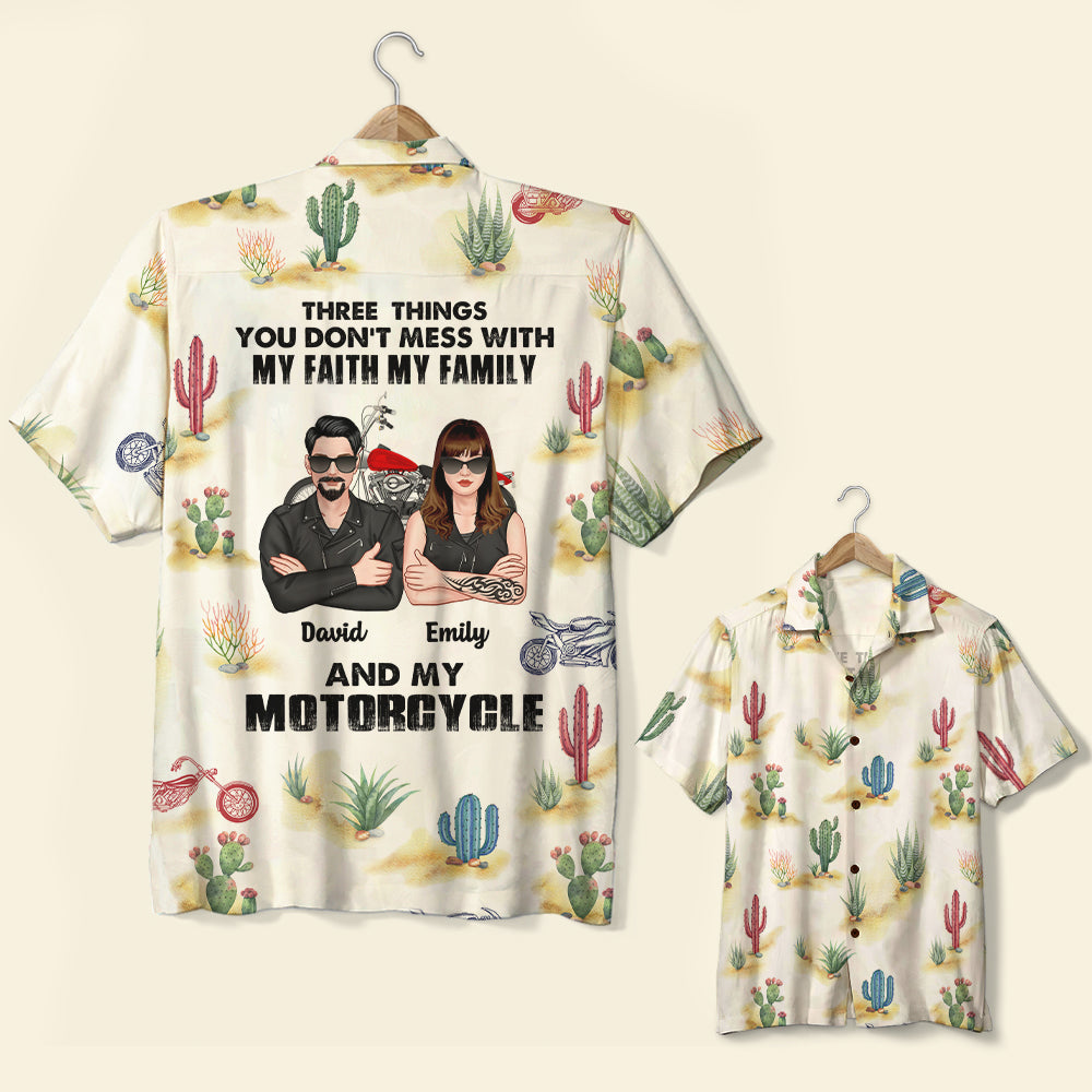 Personalized Biker Couple Hawaiian Shirt - Three Things You Don't Mess With - Cactus Pattern