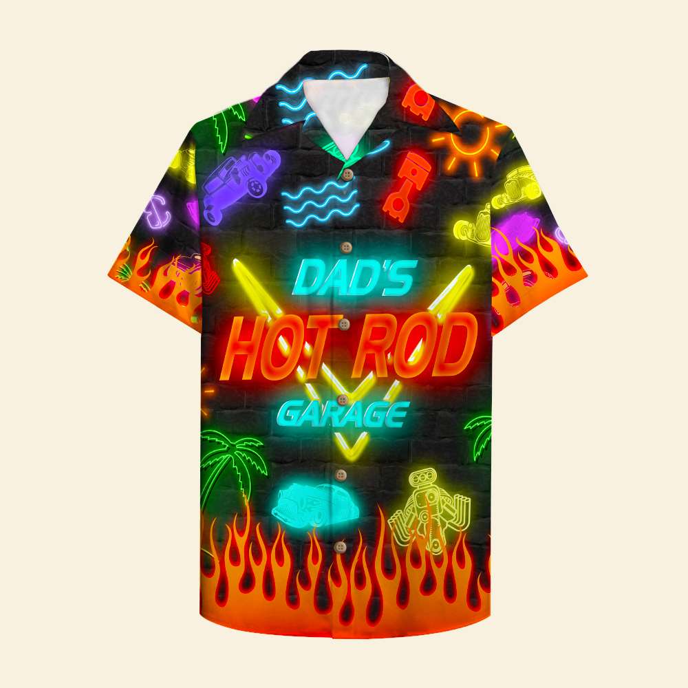 Personalized Hot Rod Hawaiian Shirt - Dad's Hot Rod Garage - Led Night Print, Beach Pattern