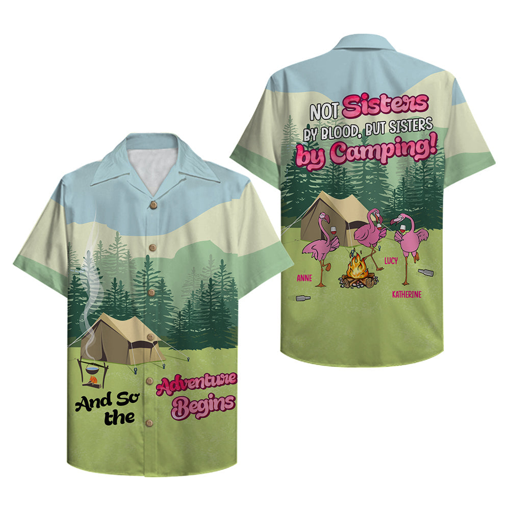 Personalized Camping Flamingos Hawaiian Shirt - Not sisters by blood