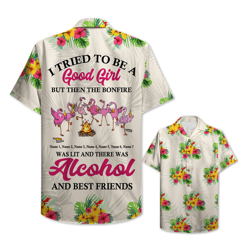 Personalized Flamingo Bestie Hawaiian Shirt - A Good Girl With Alcohol & Best Friends