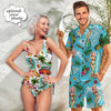 Couple Swimwear Beach Shirts Set Bathingsuit Cruise Outfit Custom Face Happy Holiday Hawaiian Shirt Set&amp;Swimsuit