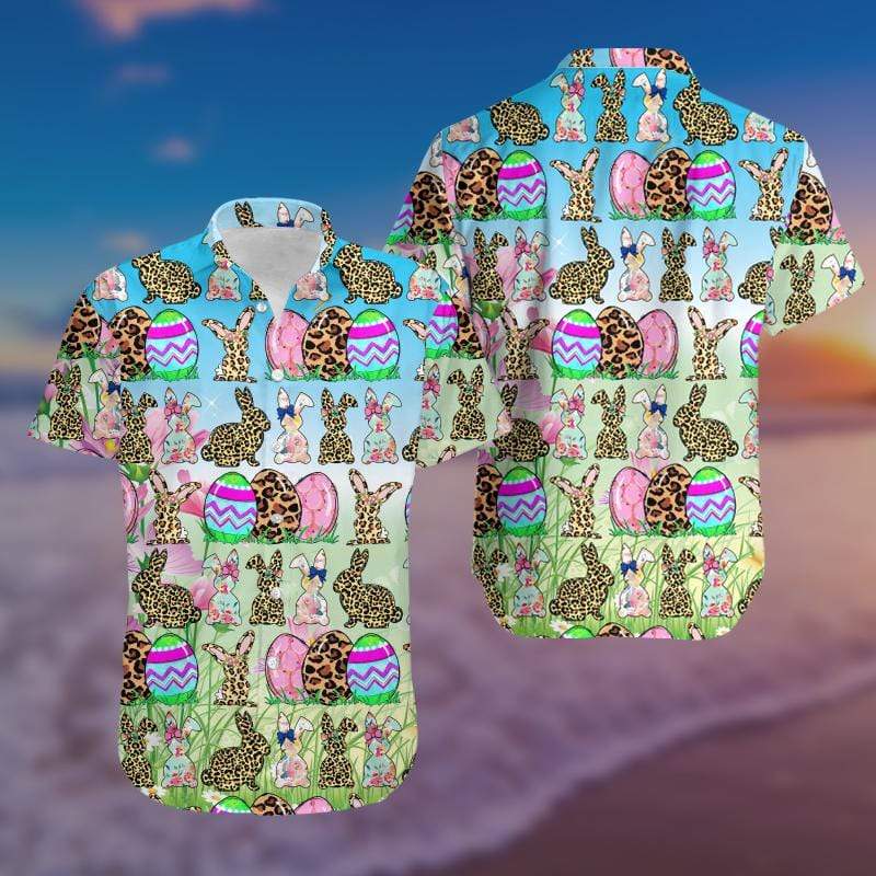 PresentsPrints, Bunny Leopard & eggs blue happy Easter day Hawaiian Shirt