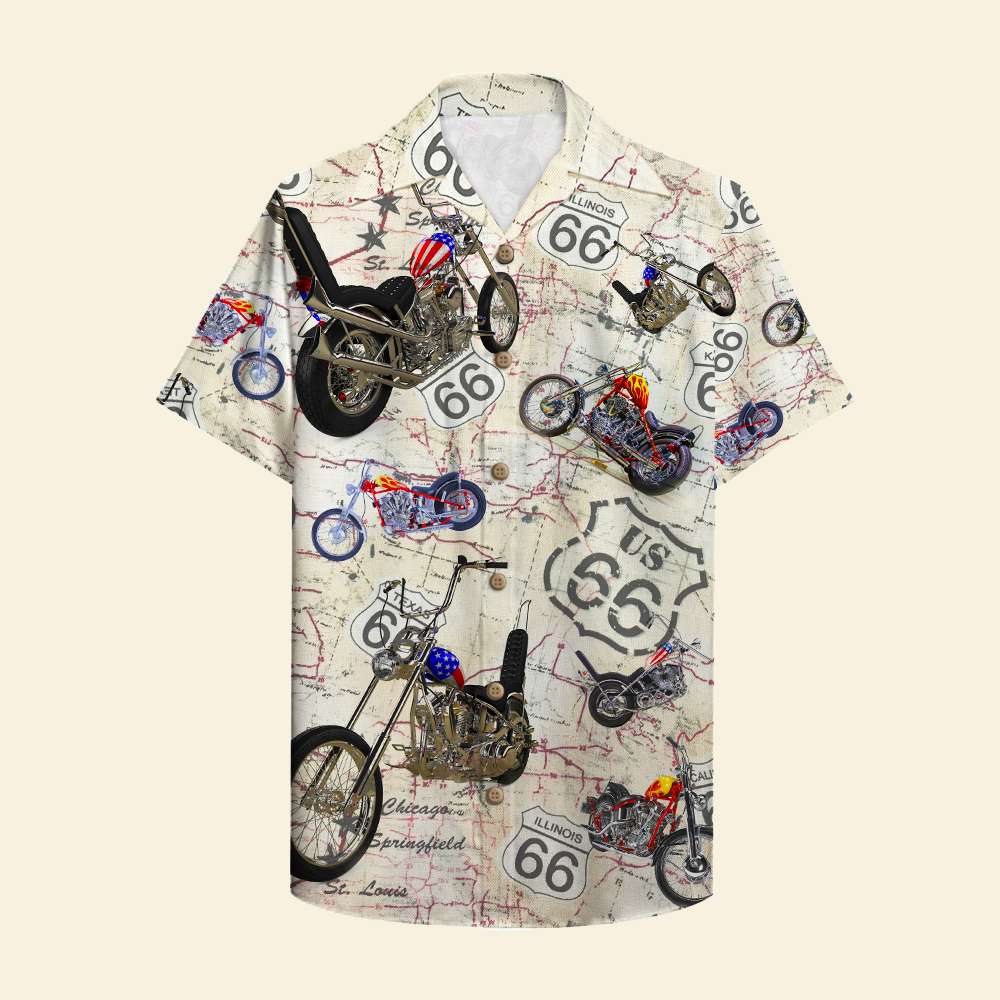 Personalized Biker Hawaiian Shirt - Vintage Motorcycle Route 66 Pattern