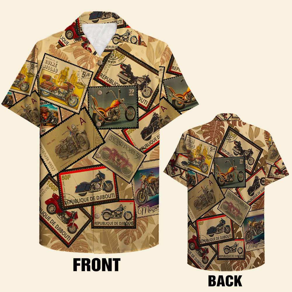 Personalized Biker Hawaiian Shirt - Vintage Motorcycle Postage Stamps Pattern