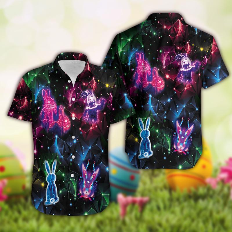 PresentsPrints, Hawaiian Aloha Shirts Neon Light Bunny On Easter Day, Hawaiian Shirt
