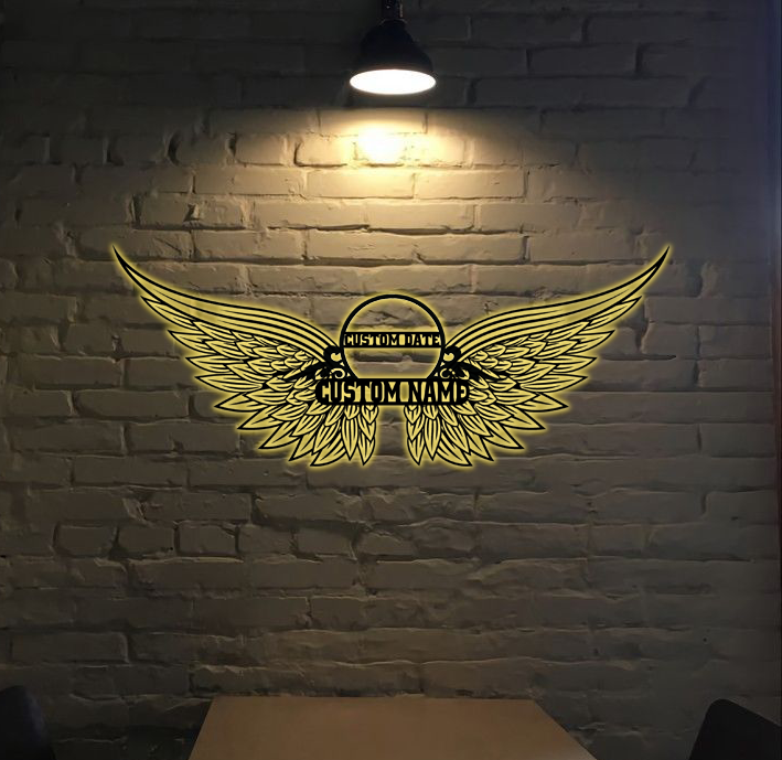 PresentsPrints Custom Angel Wings Couple Family Name Date RGB Led Lights Metal Wall Art, Valentine Gift