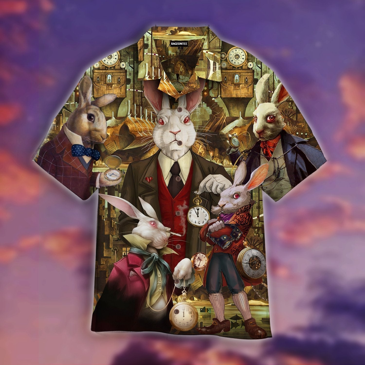 PresentsPrints, At Midnight, Mr.Rabbit Come With A Clock In His Hand Hawaiian Shirt