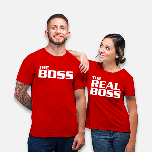 PresentsPrints, BOSS and REAL BOSS Red Funny Couple's T-Shirt, Valentine Gift