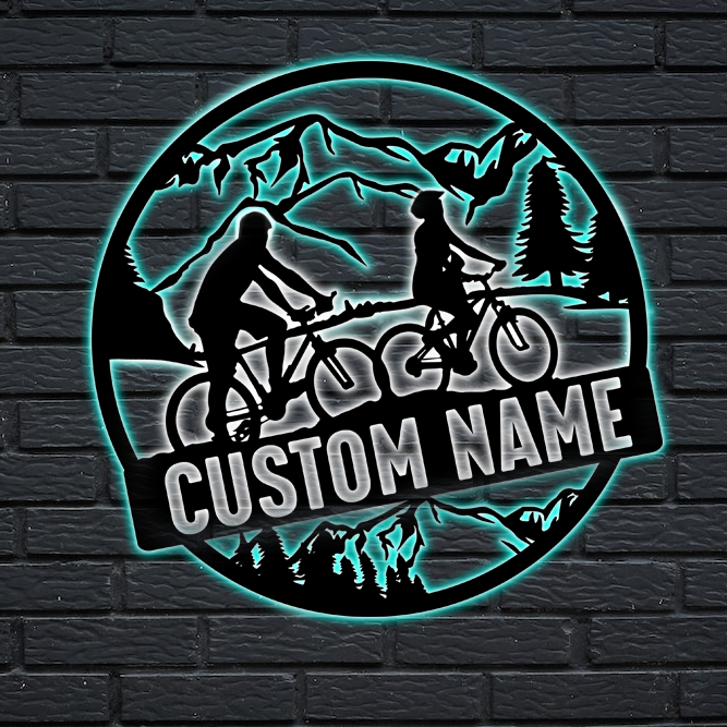PresentsPrints Custom Name MTB Moutain Bike Couple RGB Led Lights Metal Wall Art, Valentine Gifts