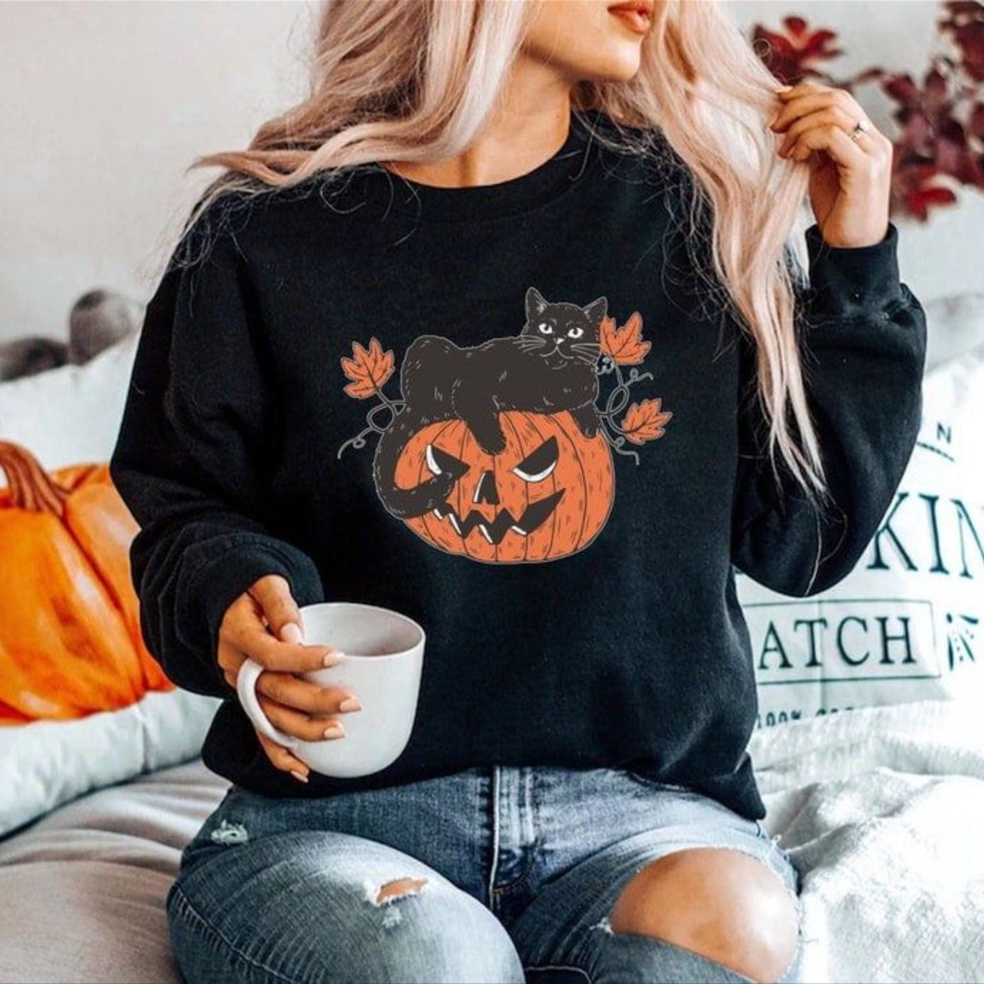 PresentsPrints, Black Cat On Pumpkin, Halloween Sweatshirt