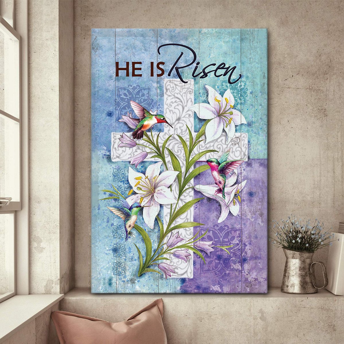 PresentsPrints, God Is Risen - Unique Cross And Flower Christian Canvas 