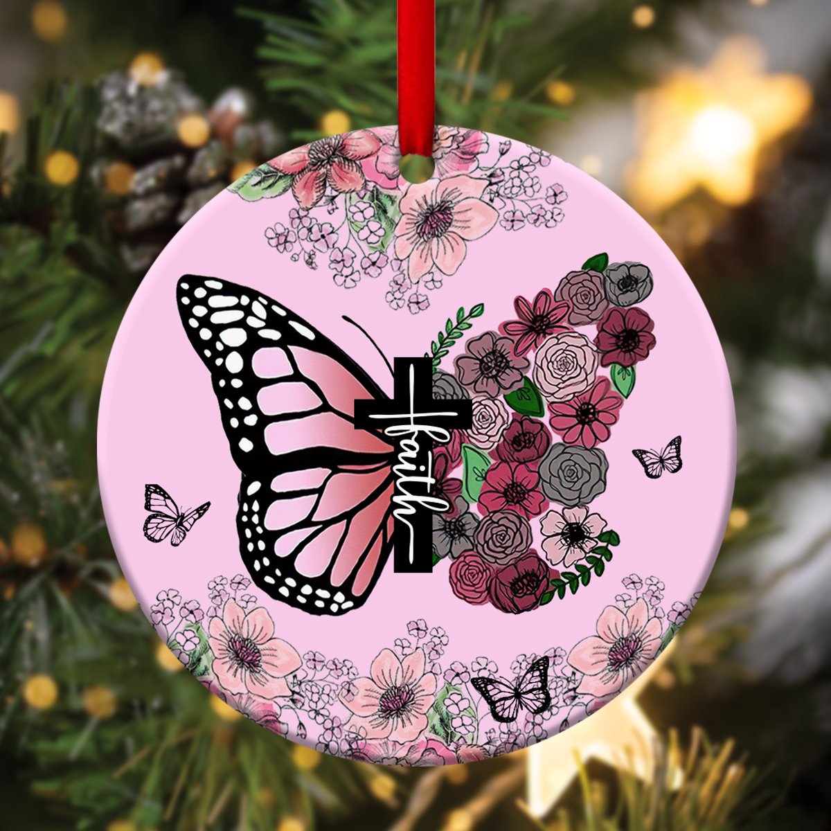 PresentsPrints, Butterfly And Flower Acrylic Circle Ornament - Believe In God AM55
