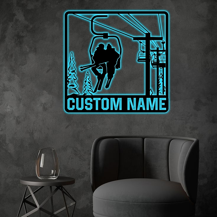 Presentprints PERSONALIZED Chairlift Ski & Snowboard Couple RGB Led Lights Metal Wall Art, Valentine Gifts