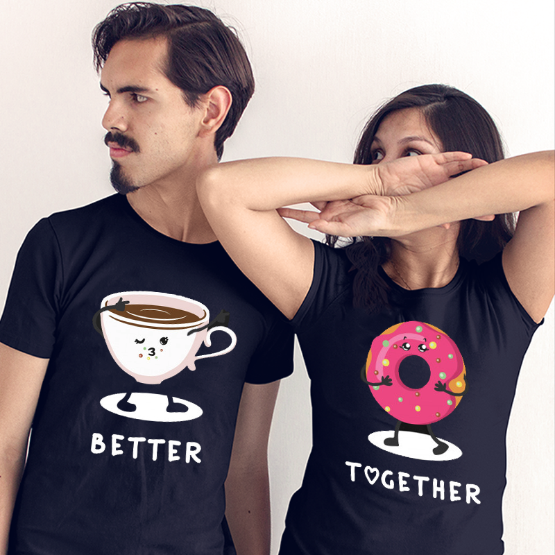 PresentsPrints, Cute Couple Tshirt Matching Coffee And Donut Tee Funny Better Together Tee Shirt, Valentine Gift