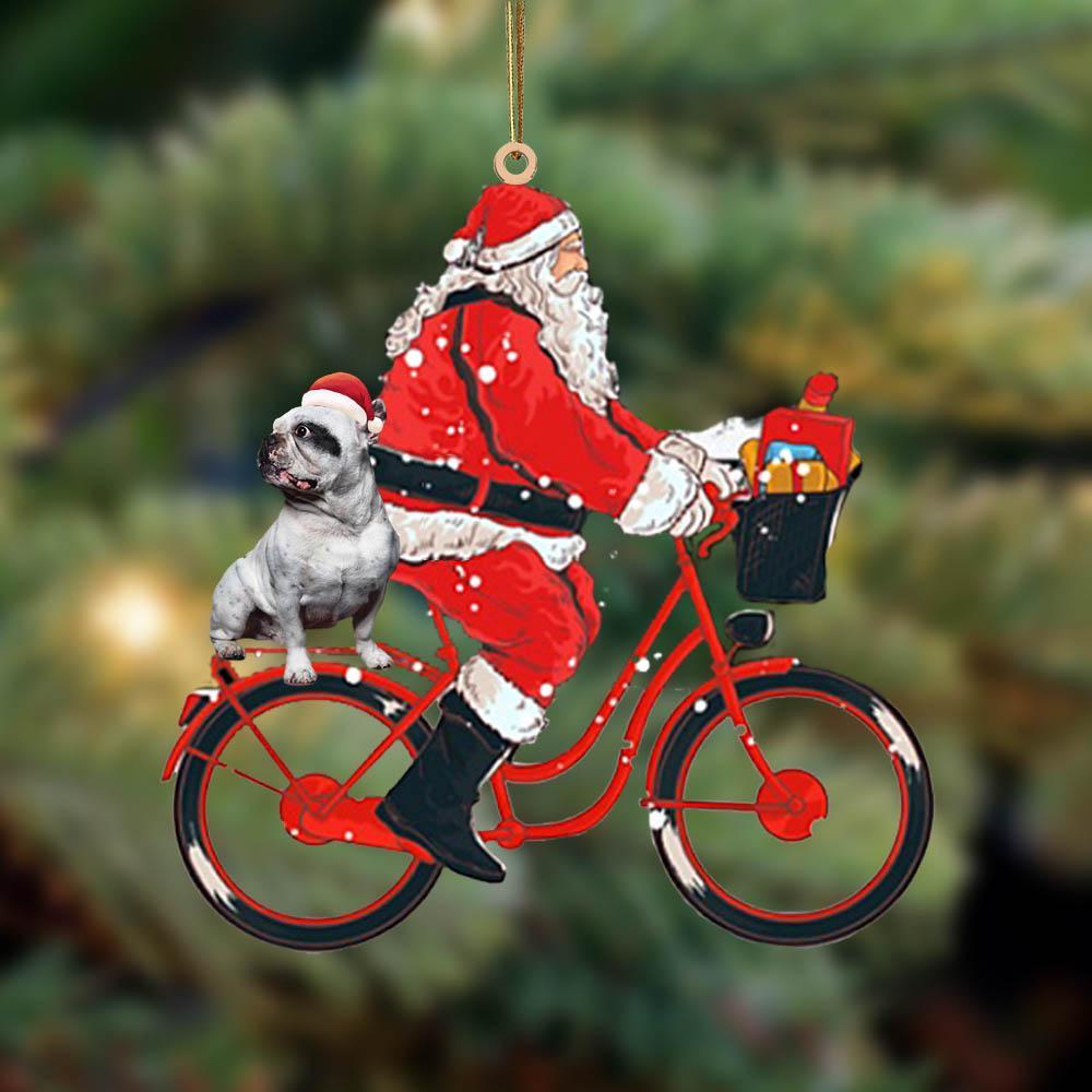 Santa Claus riding a bike with French Bulldog 7-Two Sided Ornament