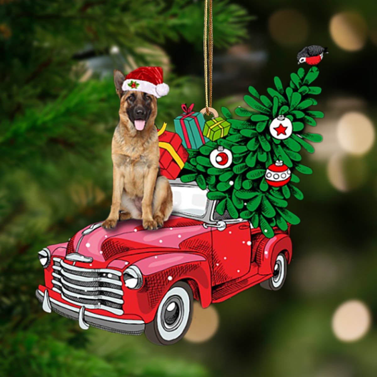 German Shepherd 2-Pine Truck Hanging Ornament