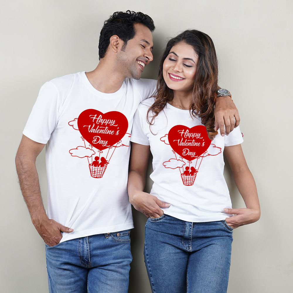 PresentsPrints, Couple t-shirts Set of 2 Happy Valentine's Day Couple Hot Air Balloon Heart Tee, Valentine Gift