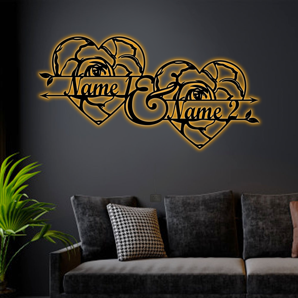 PresentsPrints Couple Heart Love Monogram Customized Metal Wall Art, Valentine Gifts