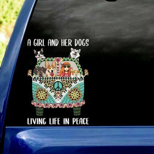 Hippie Girl And Her Dogs Camping Car Decal Sticker | Waterproof | Vinyl Sticker