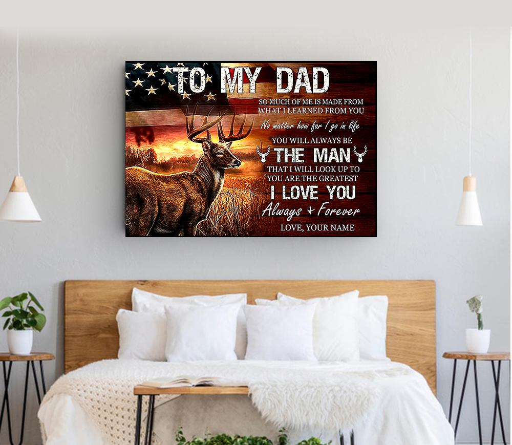 PresentsPrints, Deer US flag custom Name Canvas, To My Dad gifts for Dad, Personalized Dad Canvas