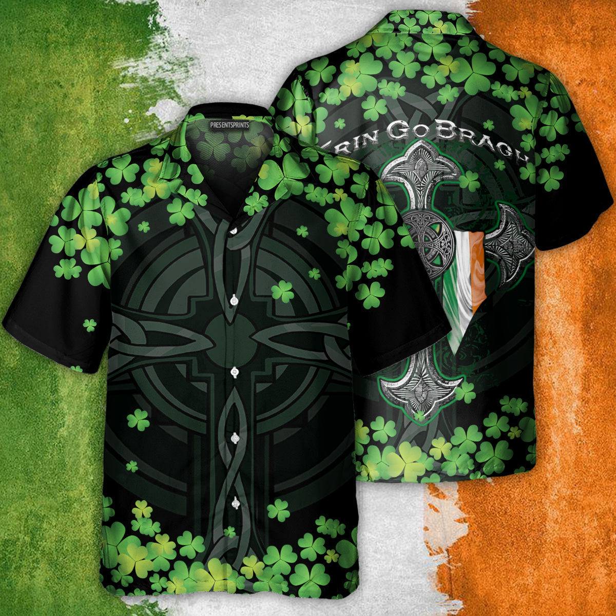 PresentsPrints, Irish erin go bragh American flag clover - Hawaiian shirt
