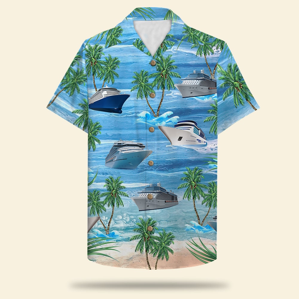 Personalized Cruising Couple Hawaiian Shirt - Cruise and Coconut Tree Pattern - Knot 2 Bad