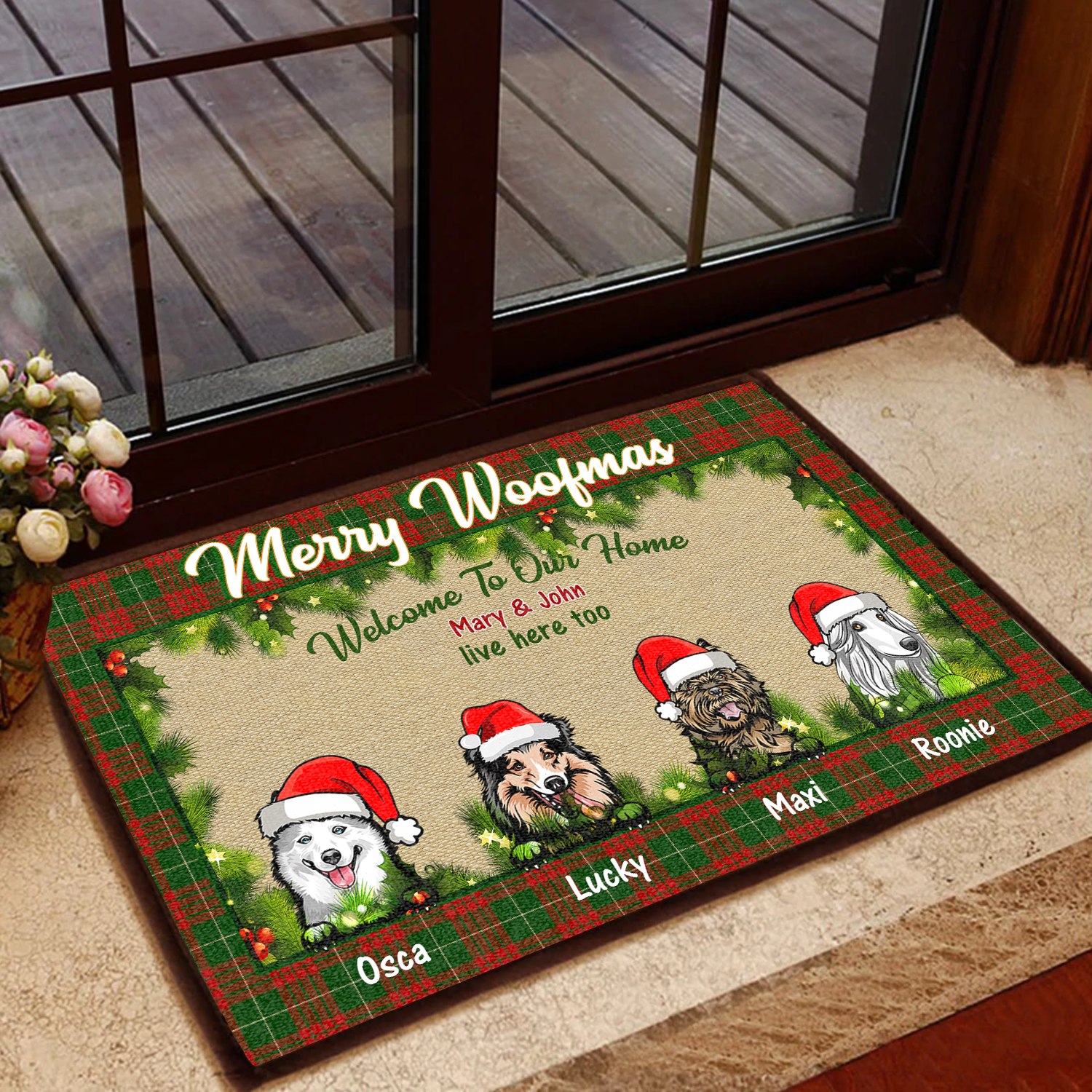 PresentsPrints, Merry Woofmas, Welcome to Our Home, Christmas Gift for Dog lover Personalized Doormat 30x18
