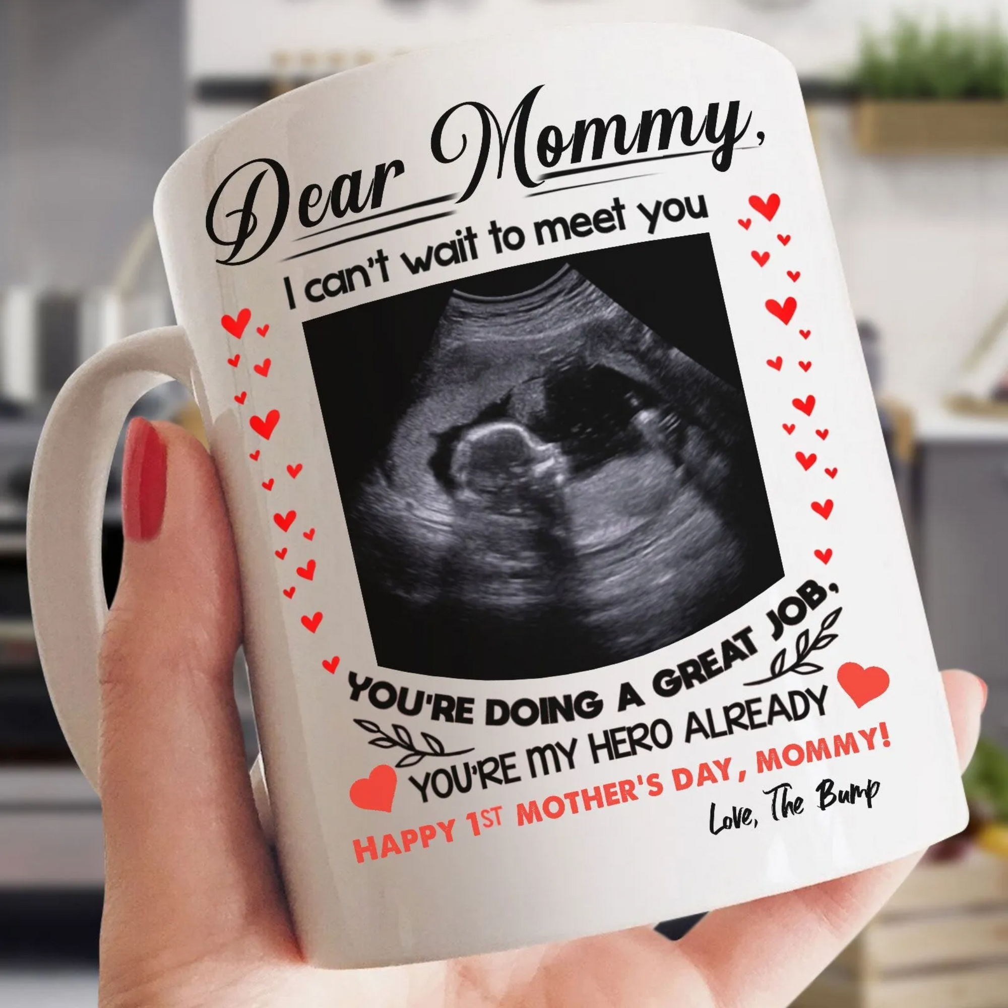 PresentsPrints, Personalized I can't wait to meet you, Gift For Mom To Be Happy 1st Mothers Day From The Bump Mug