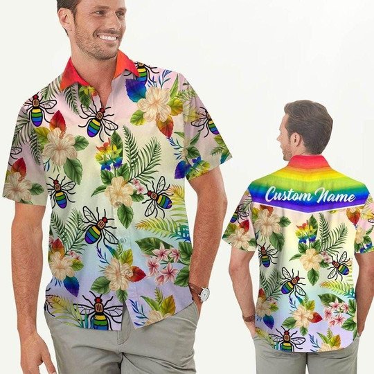 PresentsPrints, Rainbow Bee Hibiscus LGBT Pride Custom Name Hawaiian Shirt, Aloha Shirt