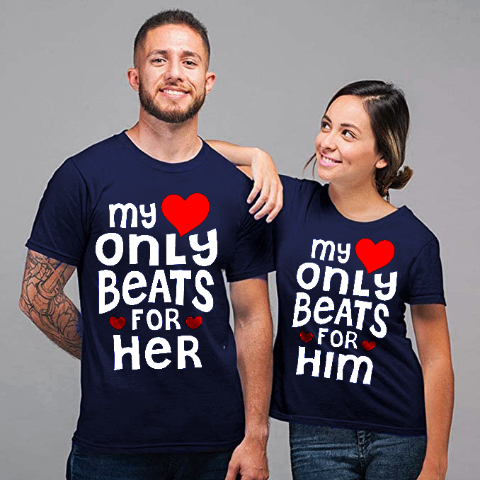 PresentsPrints, Romantic Couple T-Shirt My Heart Only Beats for Her Him Matching Design For Tee Anniversary, Valentines, Valentine Gift