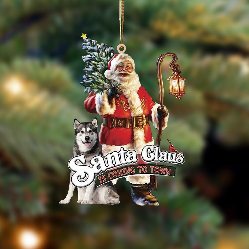 Santa Is Coming To Town With Siberian Husky-Two Sided Ornament