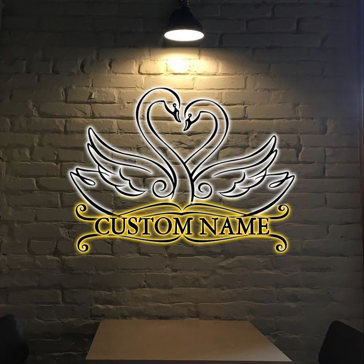 PresentsPrints Couple Romantic Swans Custom Name Sign Metal Wall Art, Valentine Gifts
