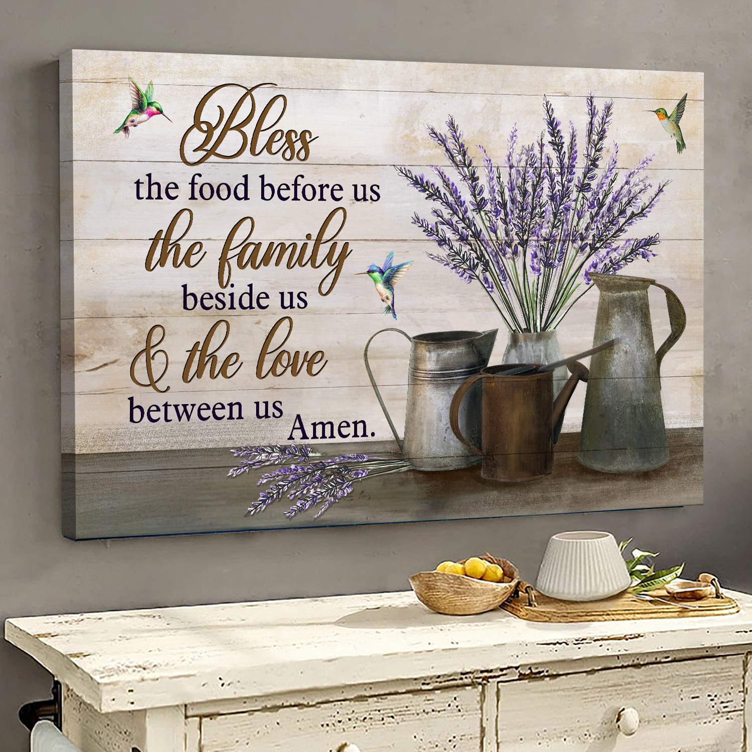 Lavender, hummingbird, Bless the food before us - Jesus Landscape Canvas Prints, Wall Art