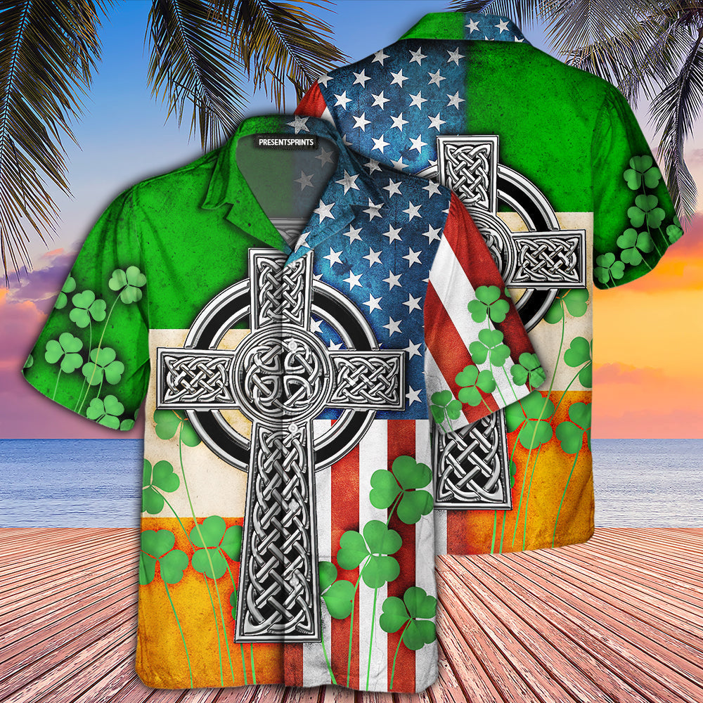 PresentsPrints, American flag celtic cross irish saint patrick's day all over - Hawaiian shirt