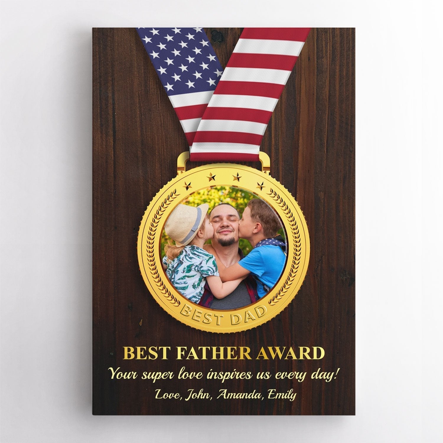 PresentsPrints, Best Father Award, Custom Photo, Medal Shape, Personalized Text And Name Canvas Wall Art