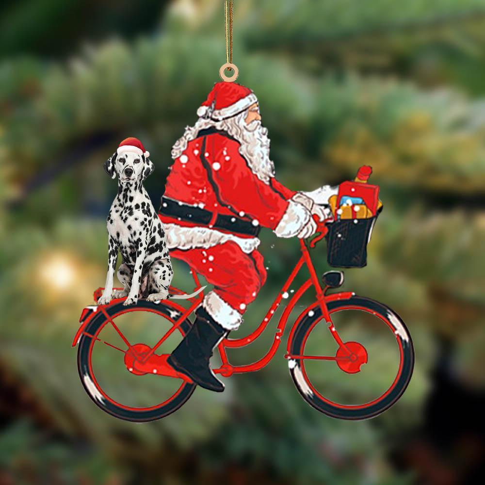 Santa Claus riding a bike with Ddalmatian-Two Sided Ornament