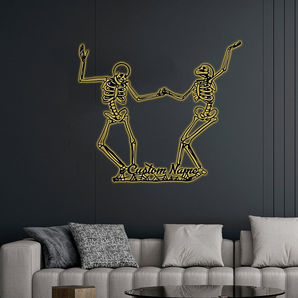 PresentsPrints Custom Dancing Skeleton Couple RGB Led Lights Metal Wall Art