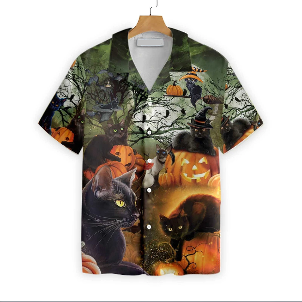 Black Cat & The Pumpkin Halloween Hawaiian Shirt, Aloha Shirt