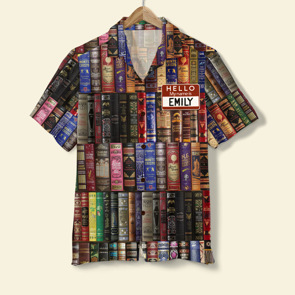 Personalized Book Lover Hawaiian Shirt - Hello My Name Is - book spine pattern