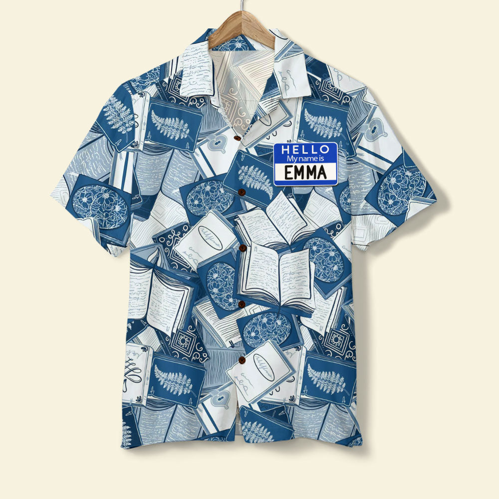 Personalized Book Lover Hawaiian Shirt - Hello My Name Is - Blue Books Pattern