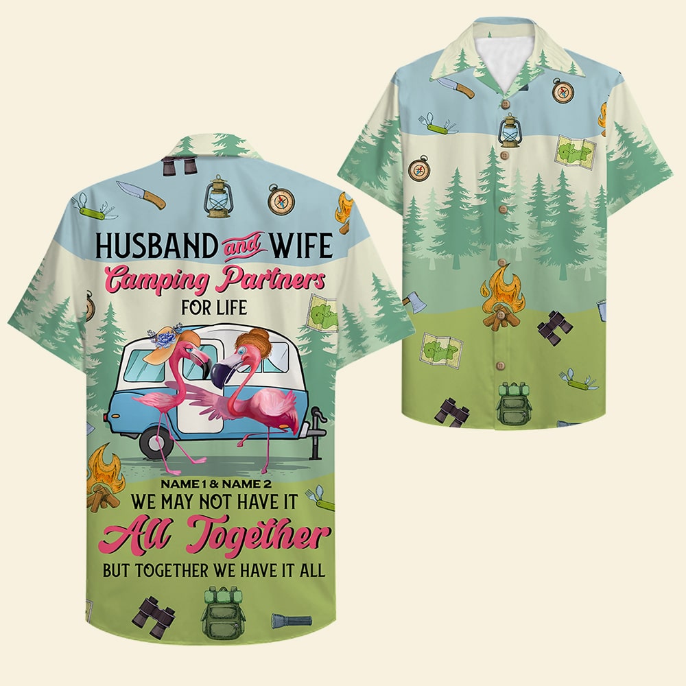 Personalized Camping Couple Hawaiian Shirt - Flamingo Husband and Wife, Camping Partners For Life