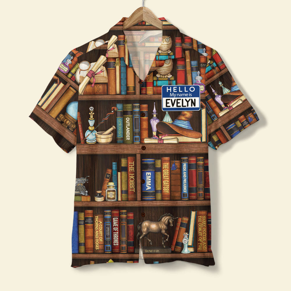 Personalized Book Lover Hawaiian Shirt - Hello My Name Is - Bookshelf Pattern