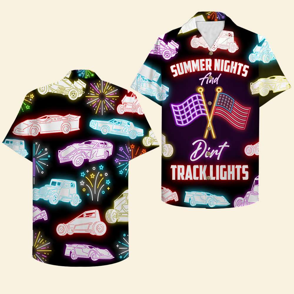 Personalized Dirt Track Racing Hawaiian Shirt - Summer Nights And Dirt Track Lights - Dirt Track Car Pattern